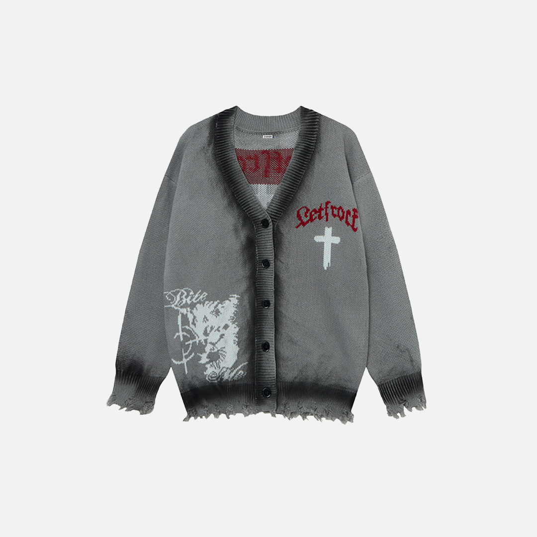 Gilet ample en maille déchirée à motif punk et croix