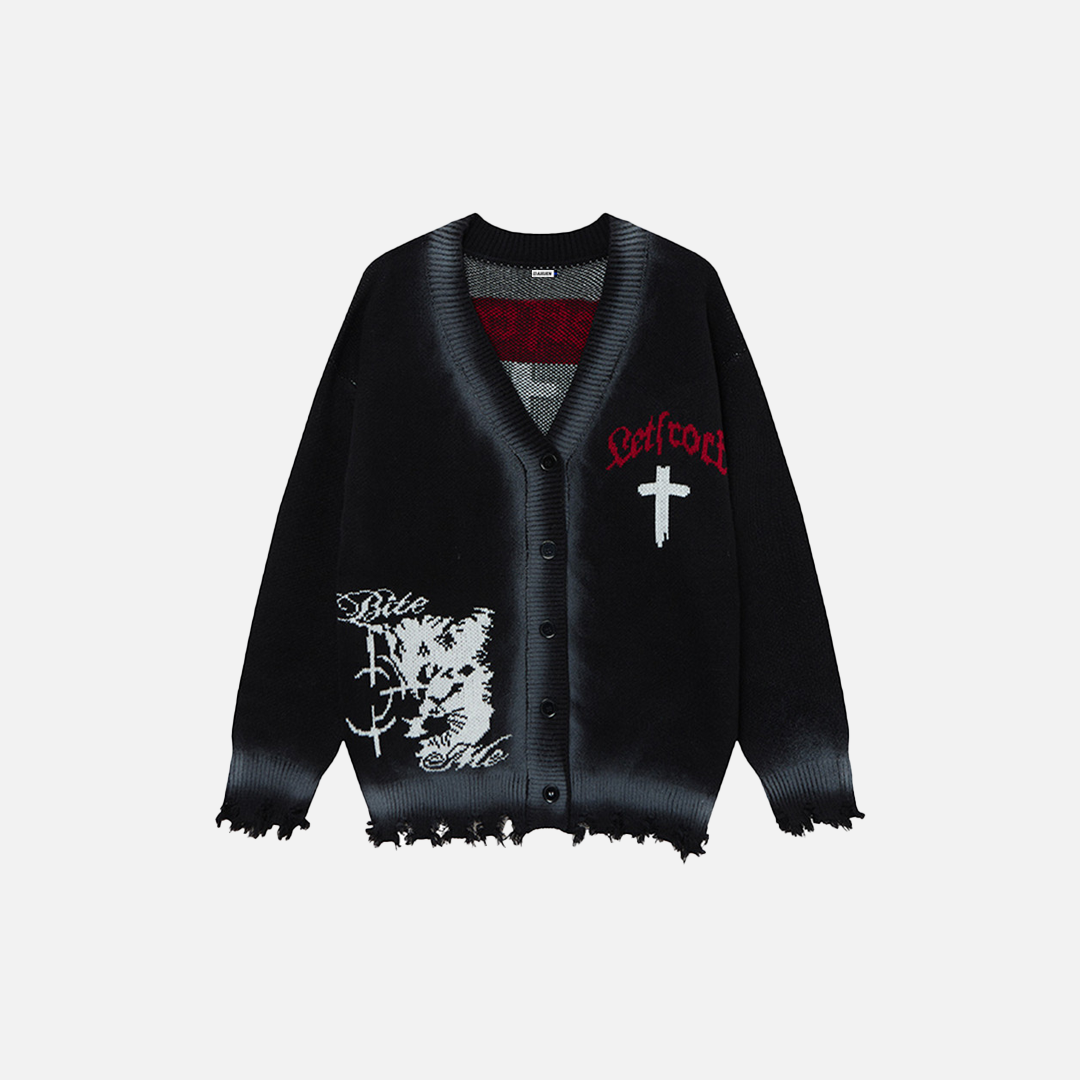 Gilet ample en maille déchirée à motif punk et croix