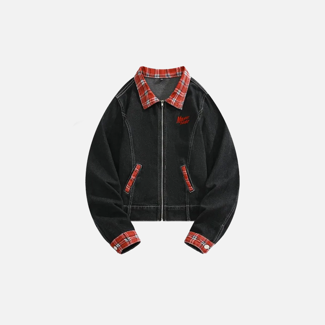 Retro American Style Plaid Varsity Denim Jacket