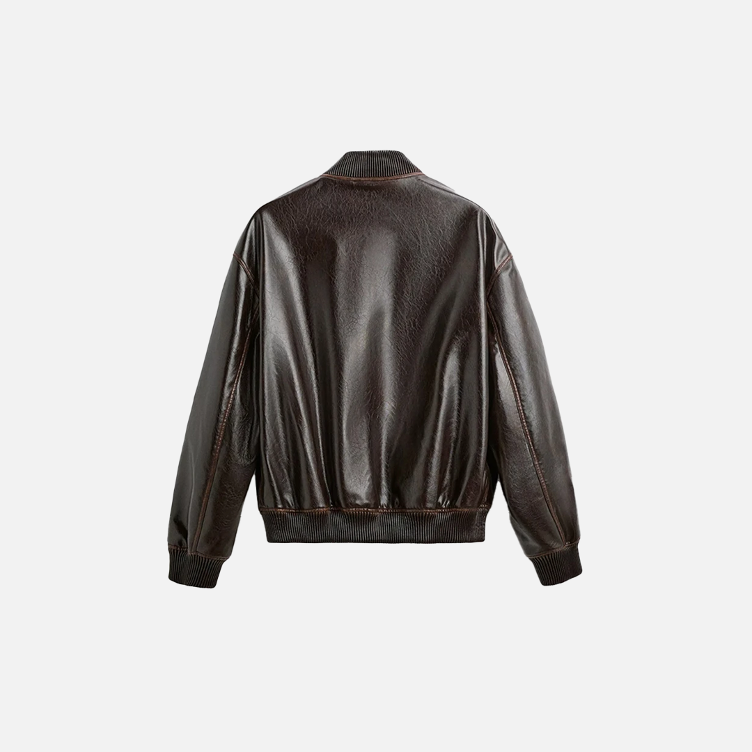 Winterliche, locker geschnittene, braune Retro-Rennjacke aus Leder