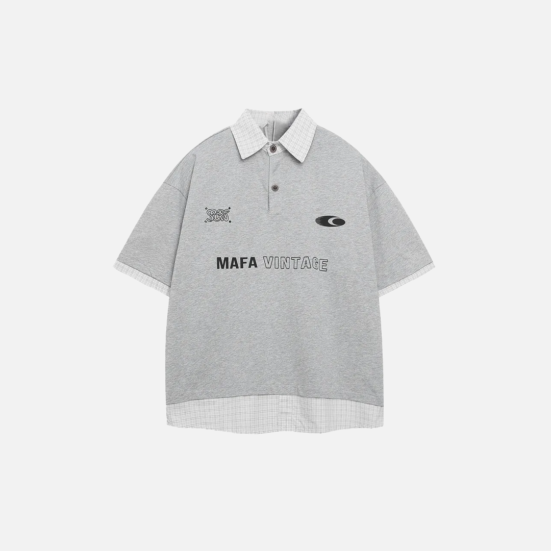 Casual Loose Fit Fake Two-Piece Letter Print Polo T-Shirt