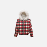 Veste rétro d'hiver à carreaux souples et col en fourrure de renard