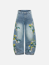 Trendy Distressed Flower Banana Wide Leg Jeans
