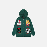 Retro Single Breasted Cartoon Puppy Jacquard Hodded Cardigan