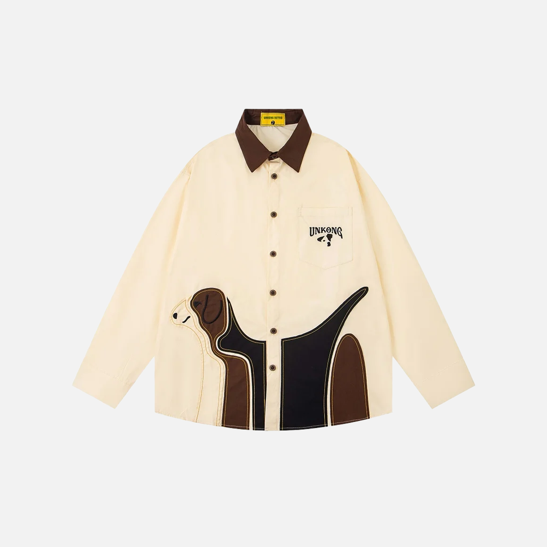Chemise à manches longues rétro patchwork avec revers et motif chien mignon