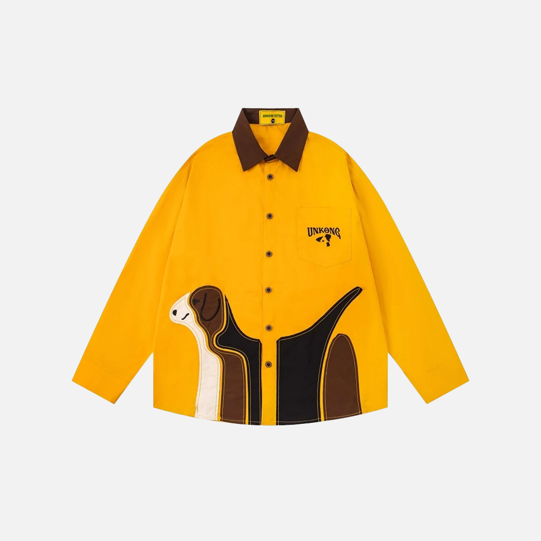 Chemise à manches longues rétro patchwork avec revers et motif chien mignon