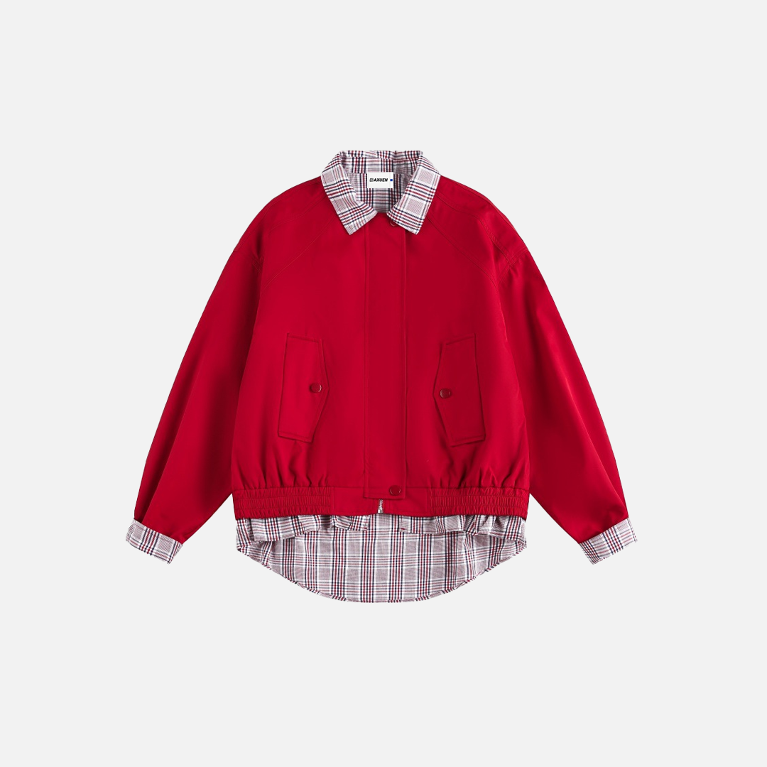 Chemise patchwork à carreaux décontractée, veste à faux col