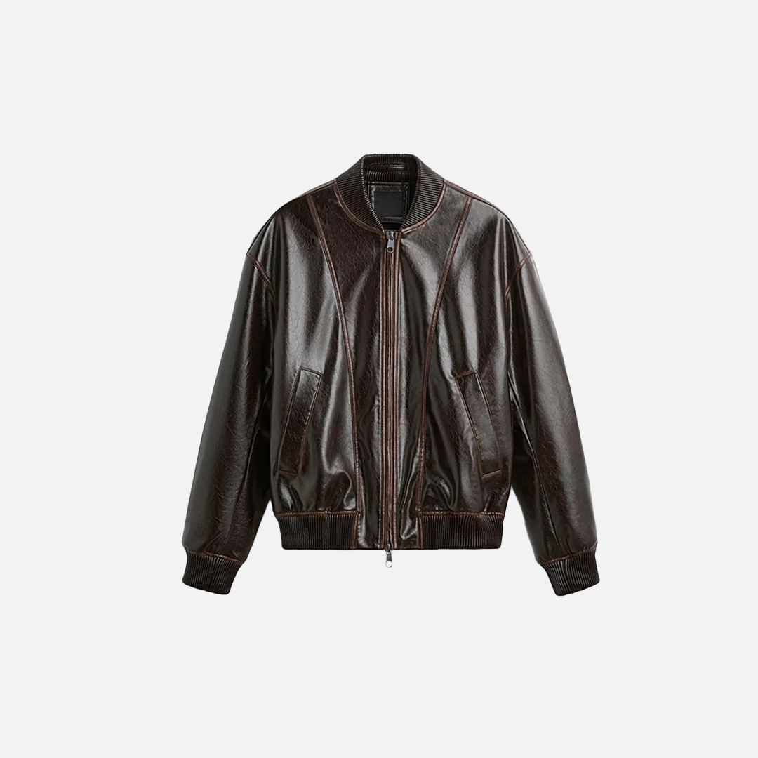 Winterliche, locker geschnittene, braune Retro-Rennjacke aus Leder