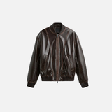 Winterliche, locker geschnittene, braune Retro-Rennjacke aus Leder