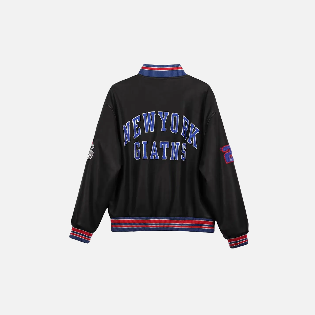 Retro Round Neck Pilot PU Leather Varsity Jacket