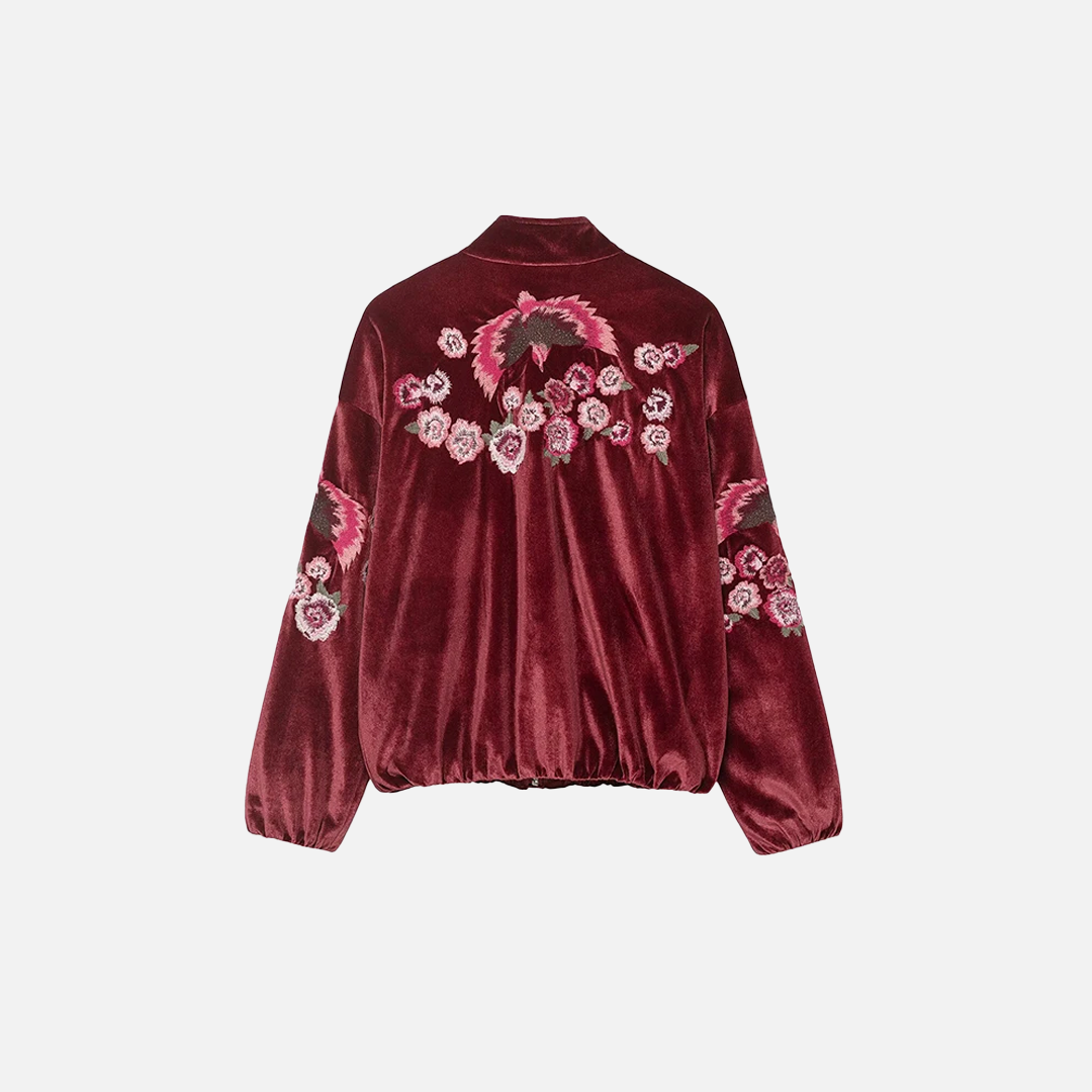 Vintage Red Embroidery Zipper Faux Fur Jacket