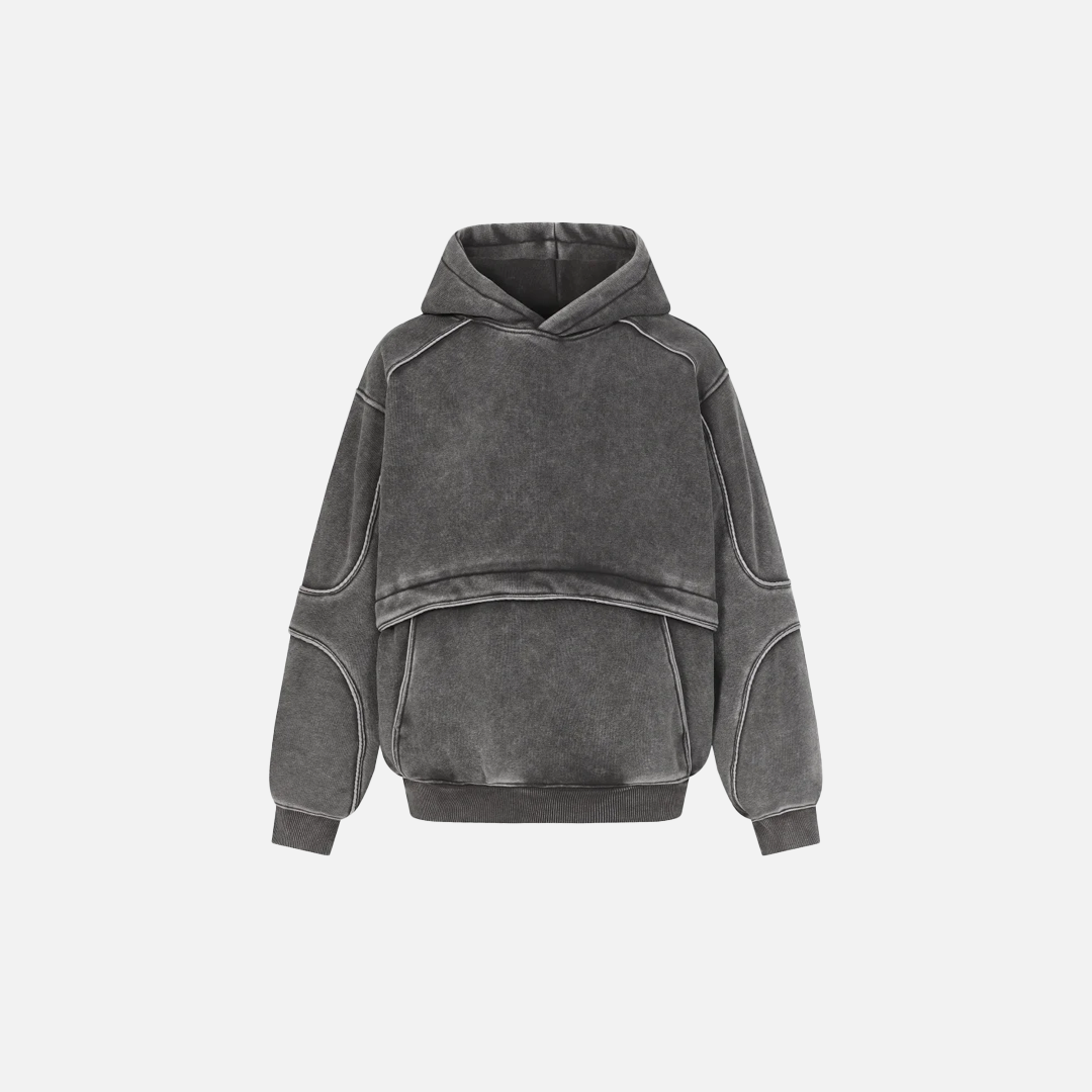 Washed Distressed Front Pocket Spliced Hoodie