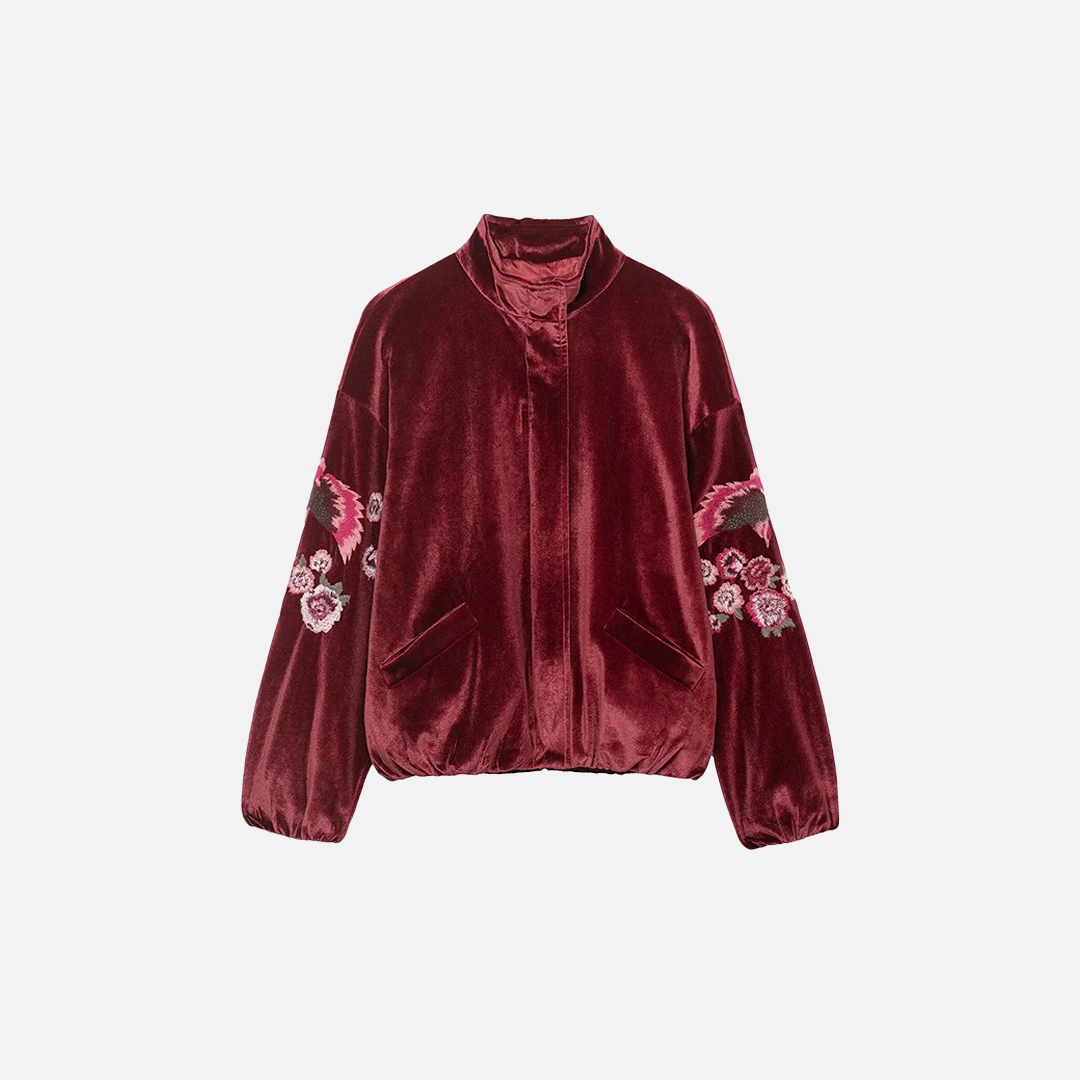 Vintage Red Embroidery Zipper Faux Fur Jacket