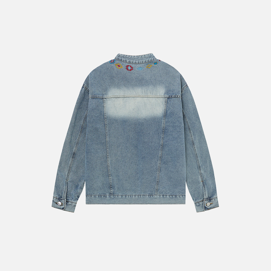Durable Distressed Embroidered Denim Jacket