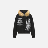 Y2K Graffiti Print Zip-Up Faux Fur Hooded Sweatshirt
