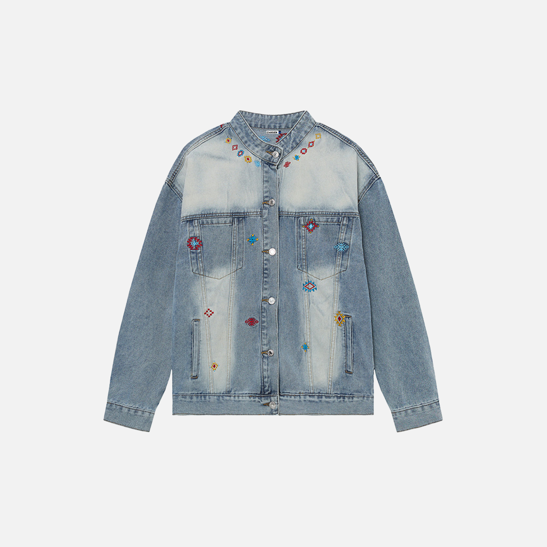 Durable Distressed Embroidered Denim Jacket
