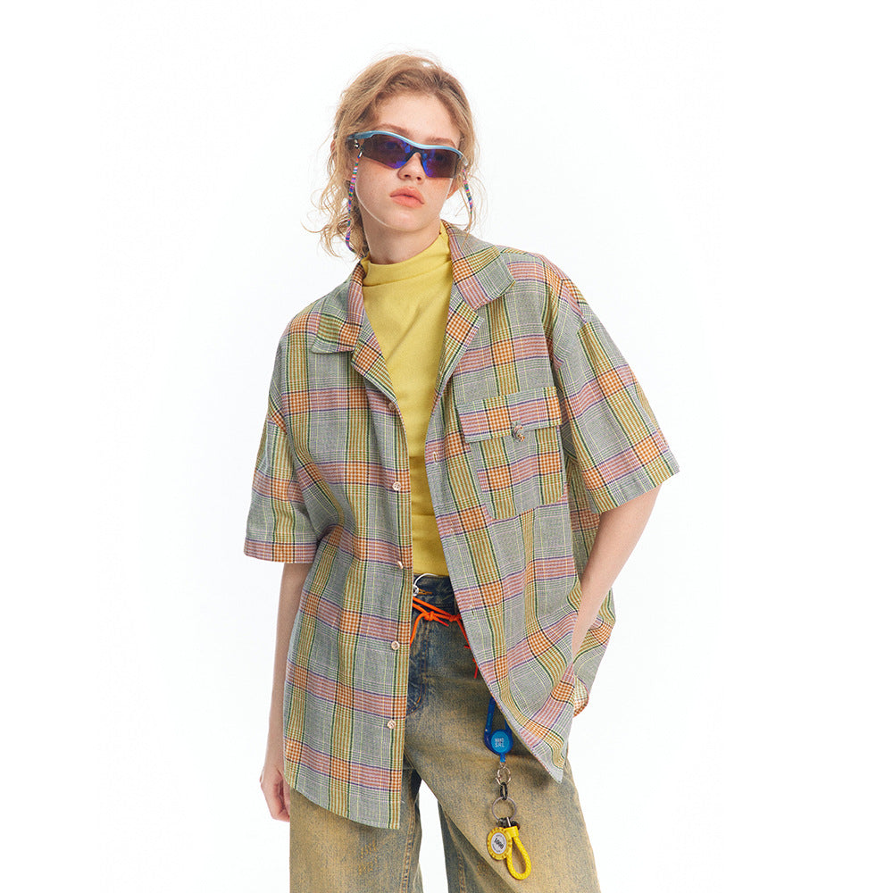 Chemise courte décontractée à carreaux rétro