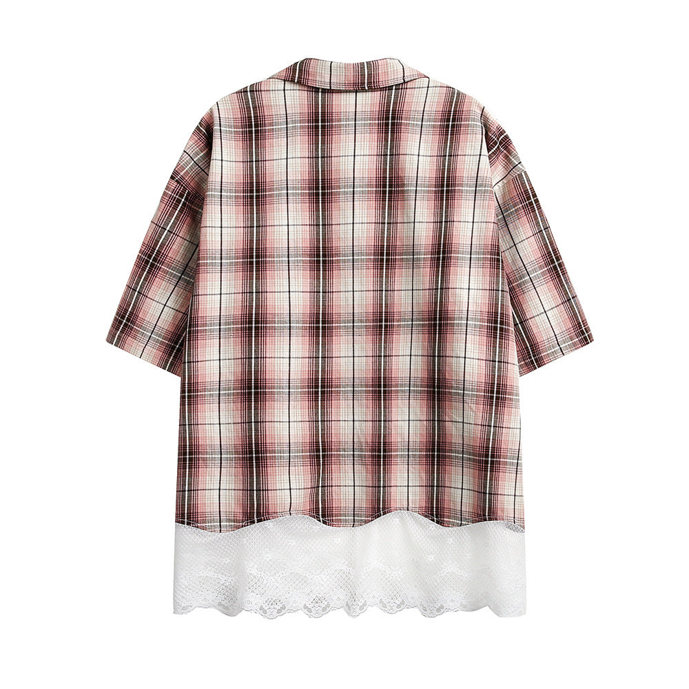 Chemise à manches courtes à carreaux et coutures en dentelle