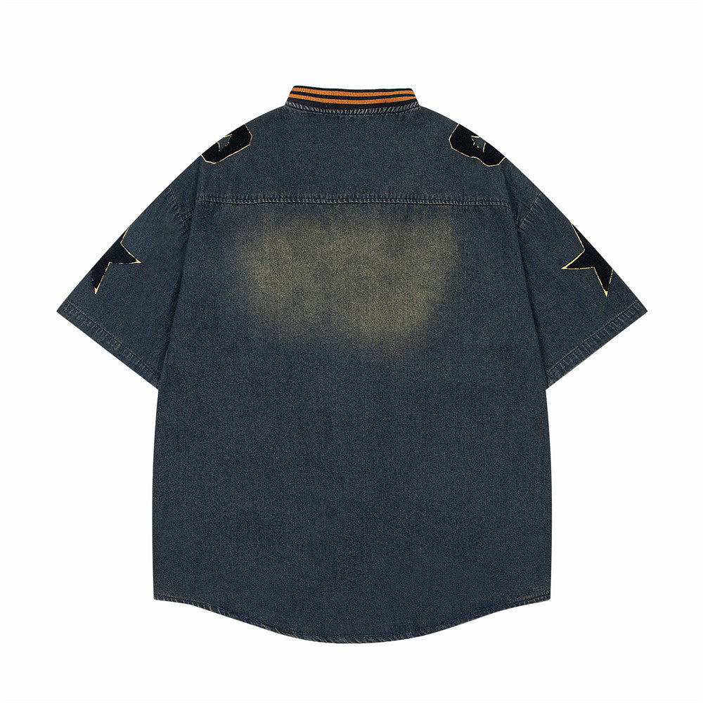 Chemise vintage en jean brodé à manches courtes