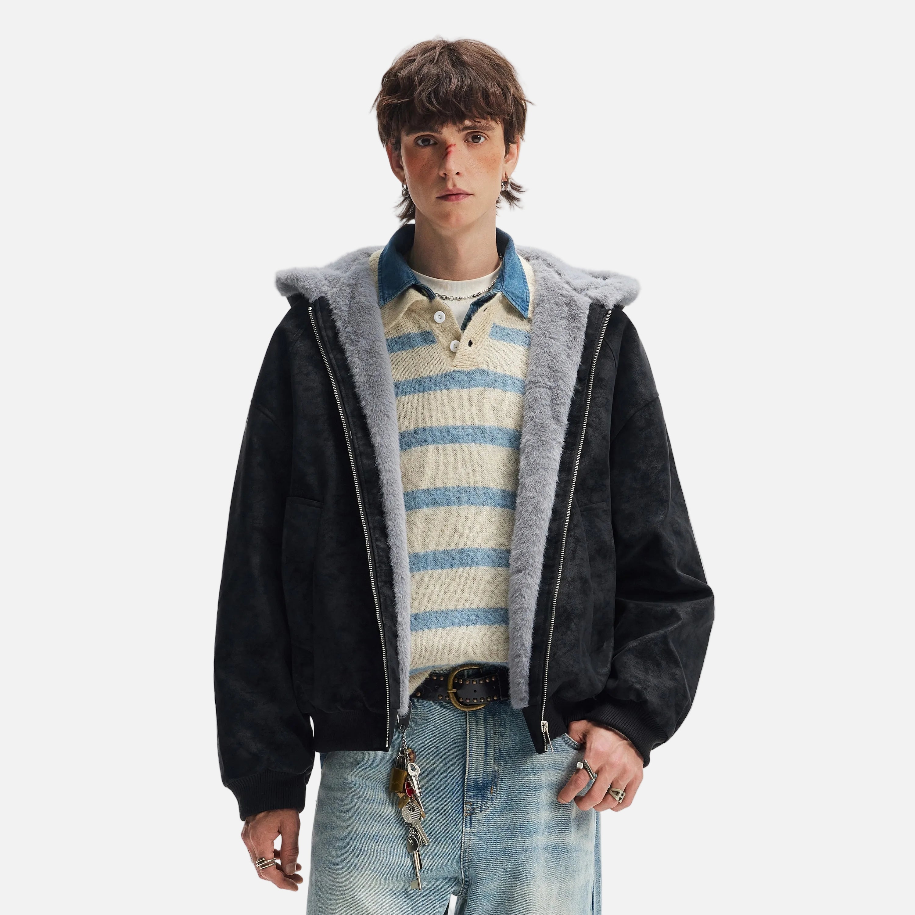 American Lovers Wool Collar Hooded Faux Fur Jacket