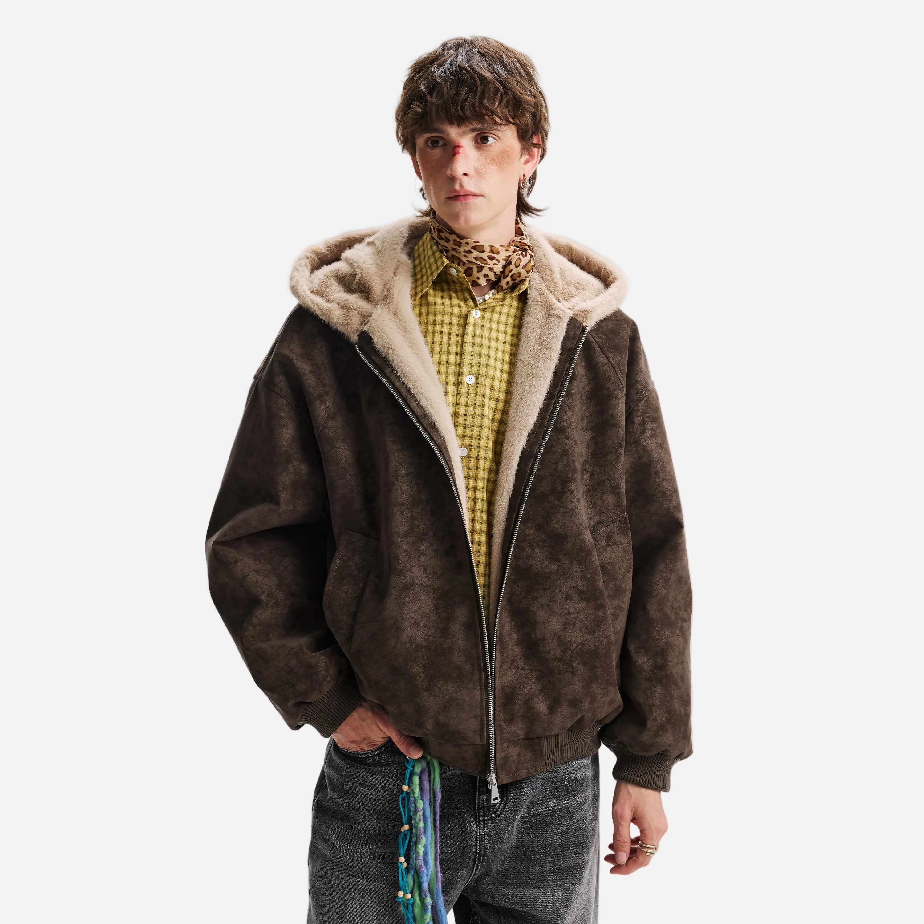 American Lovers Wool Collar Hooded Faux Fur Jacket