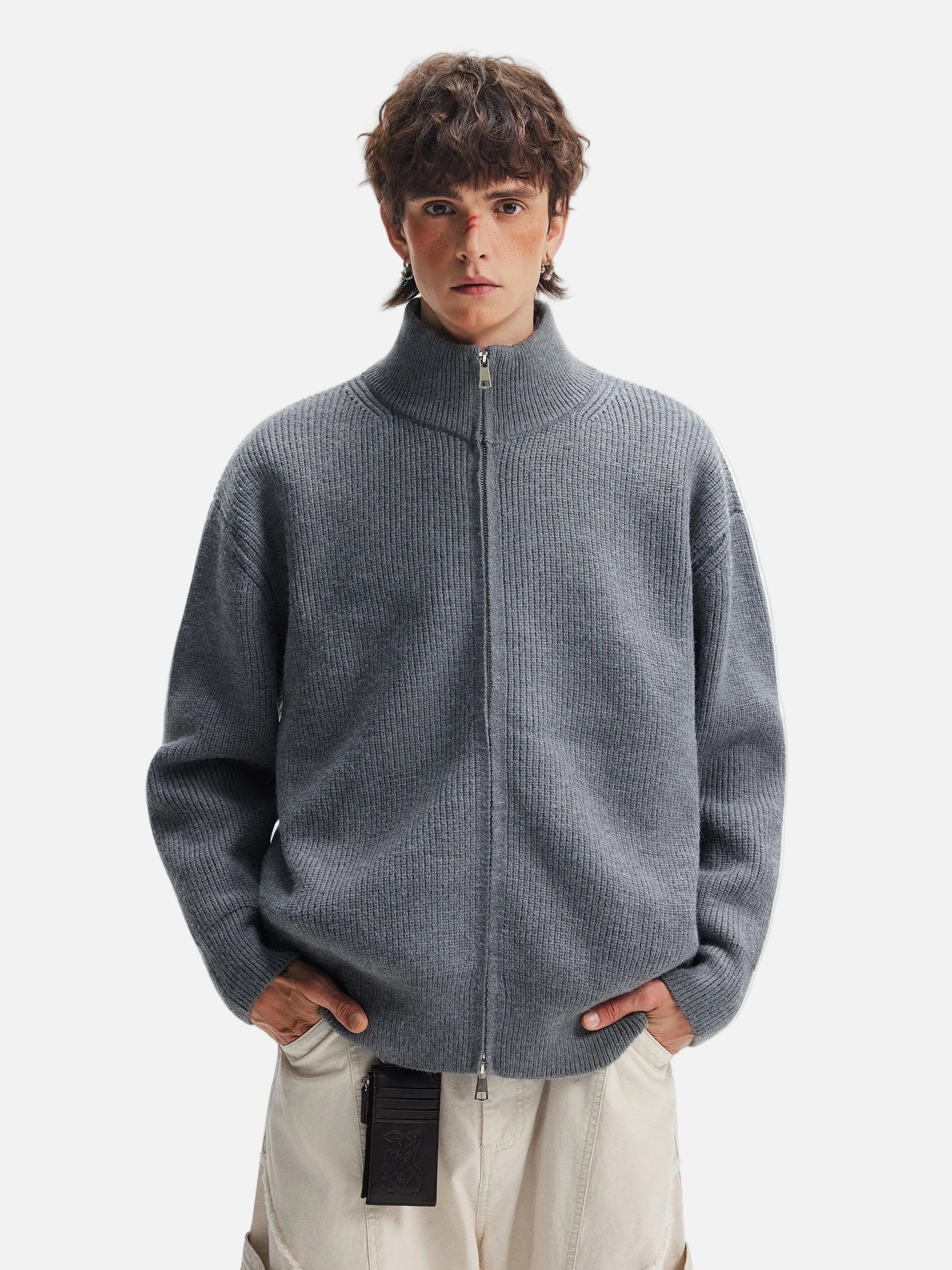 Cardigan en maille à col montant et double fermeture éclair, style américain