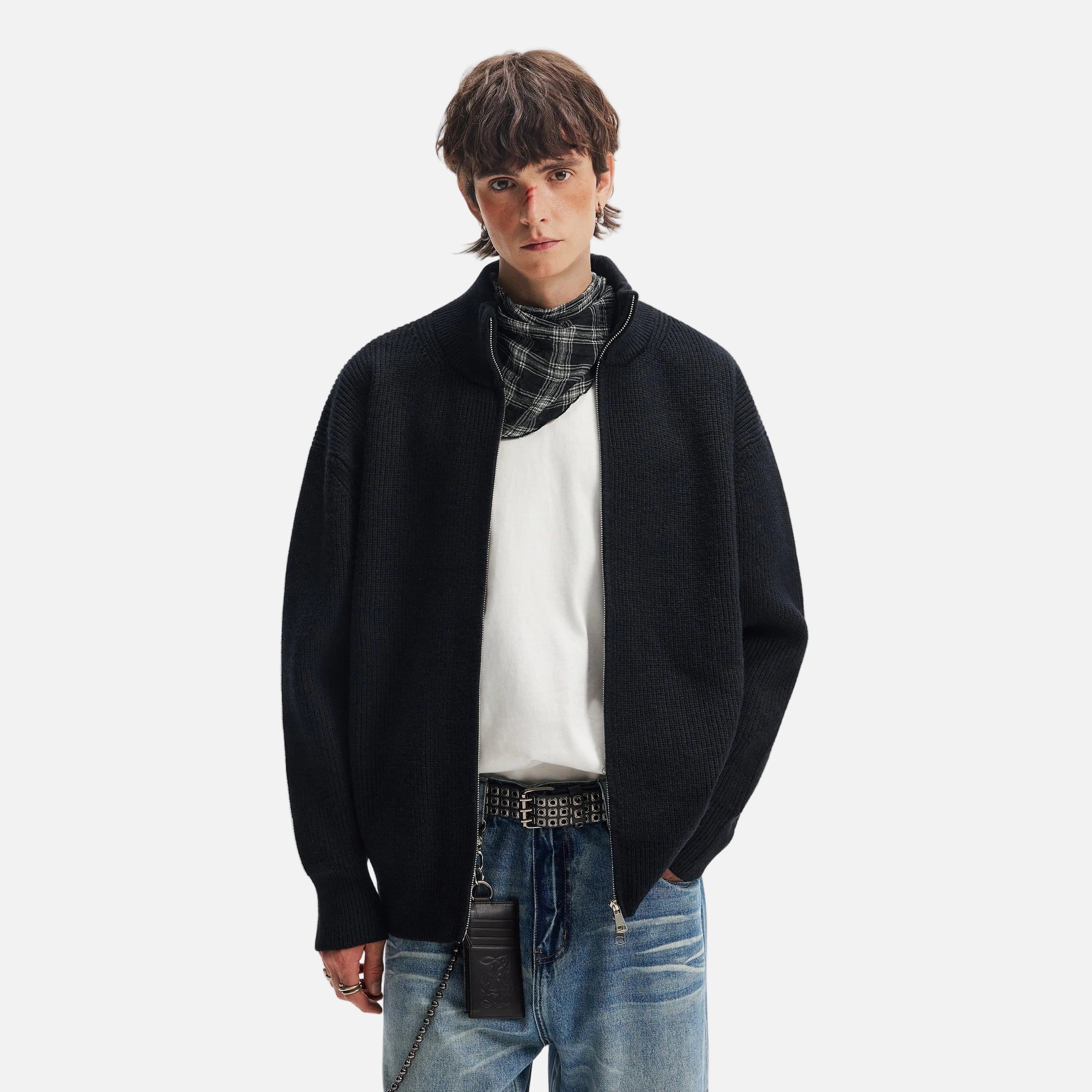 Cardigan en maille à col montant et double fermeture éclair, style américain