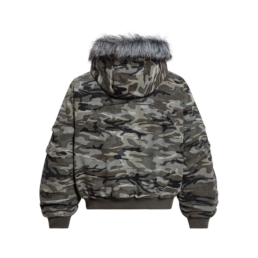 Deconstructed Camo Fur Collar Denim Jacket