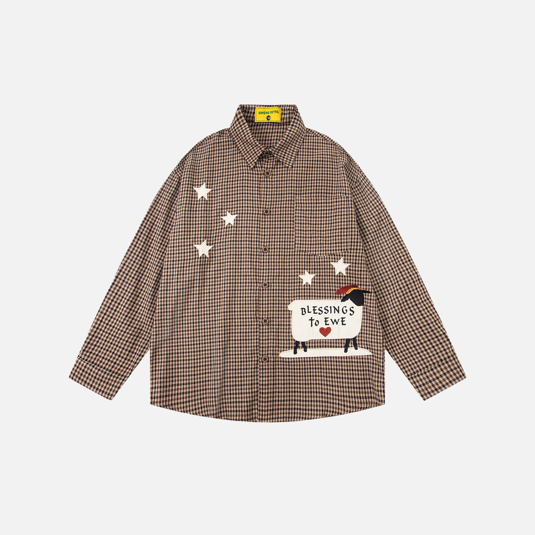 Chemise hip-hop à manches longues brodée de moutons à carreaux