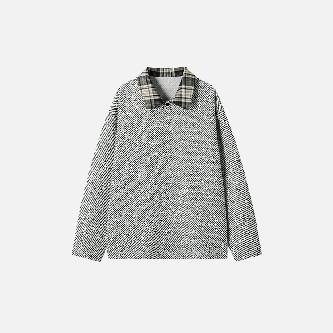 Retro Checkered Turn Down Collar Striped Sweatshirt