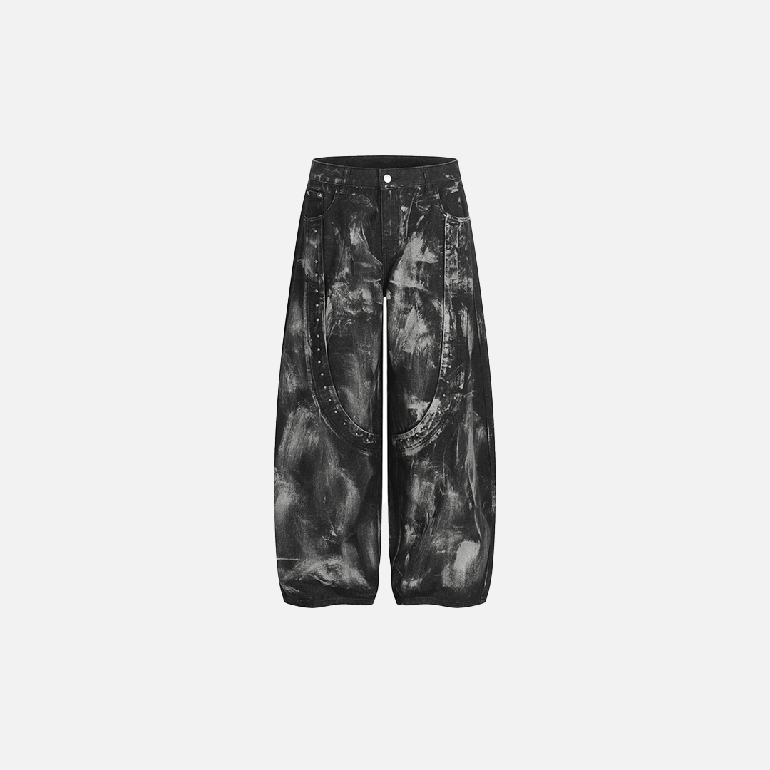 Streetwear Jeans mit Nieten-Patchwork, schwarz, weit geschnitten