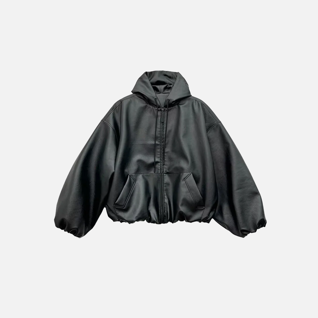 Coupe-vent noir en PU avec fermeture éclair, veste en cuir