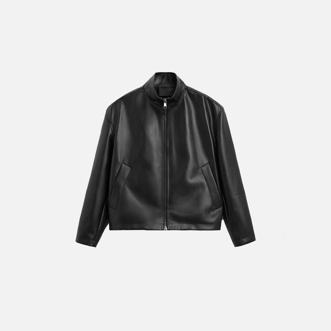 Veste en cuir noir à faux col montant