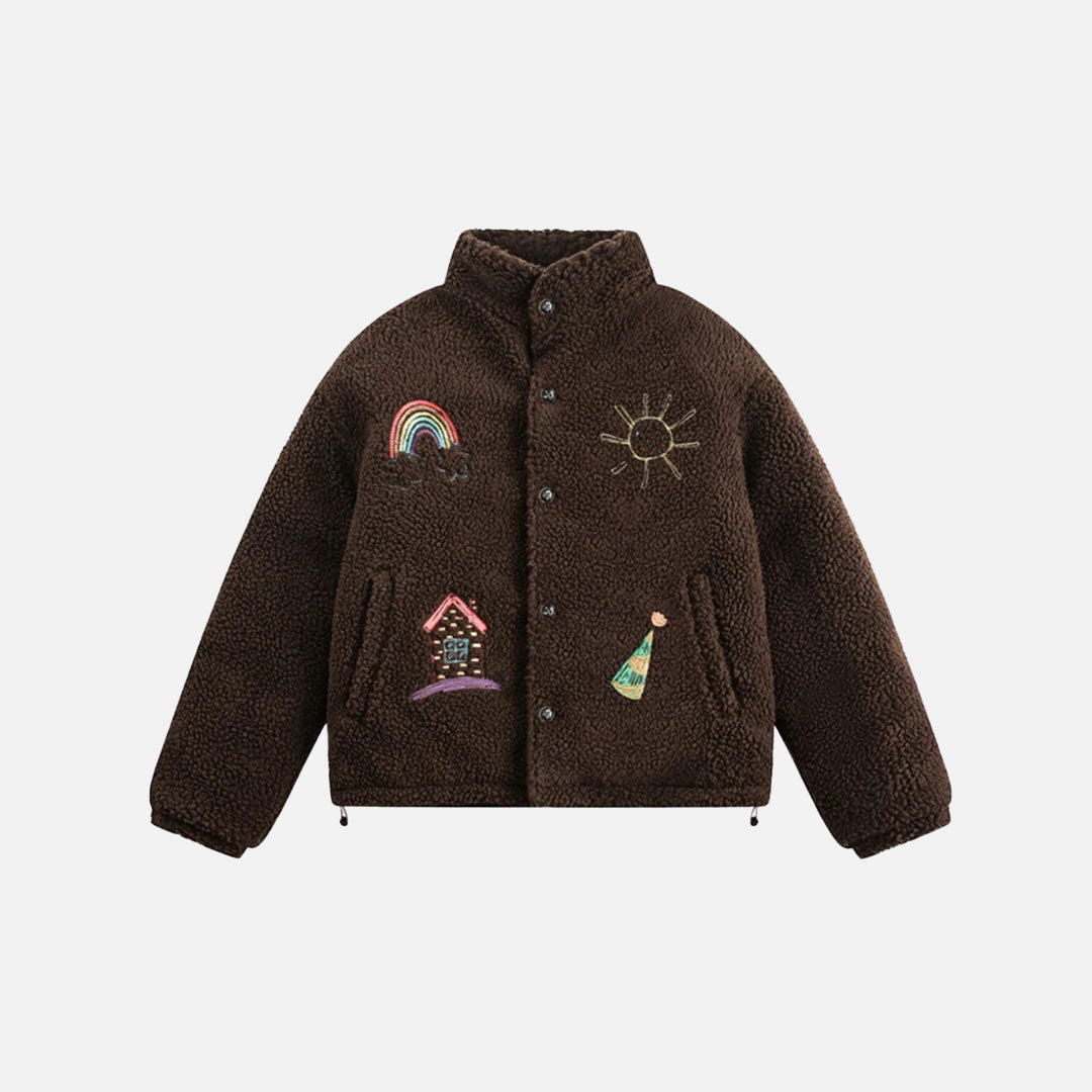 Embroidered Fleece Button-Up Jacket