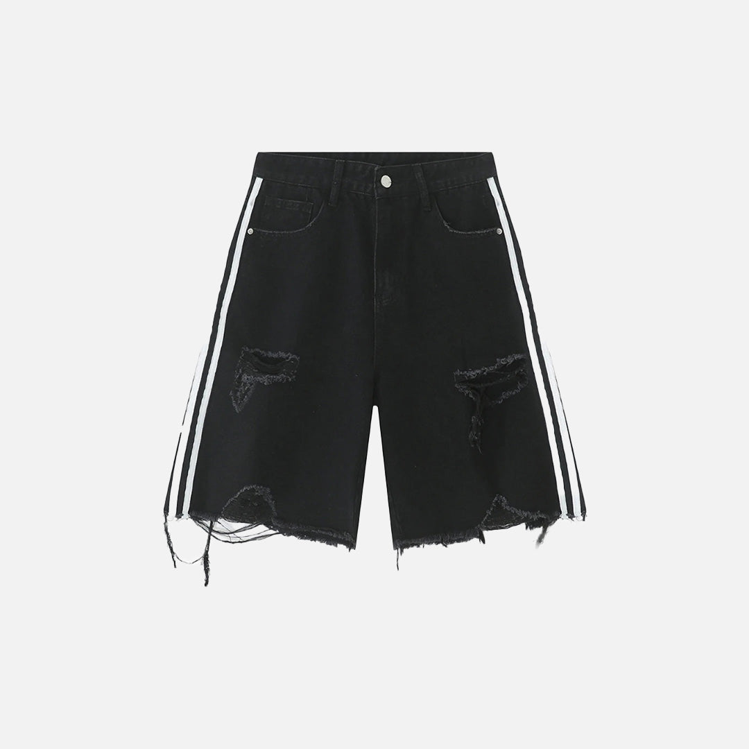Side-Striped Ripped Denim Shorts