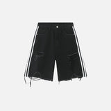 Side-Striped Ripped Denim Shorts