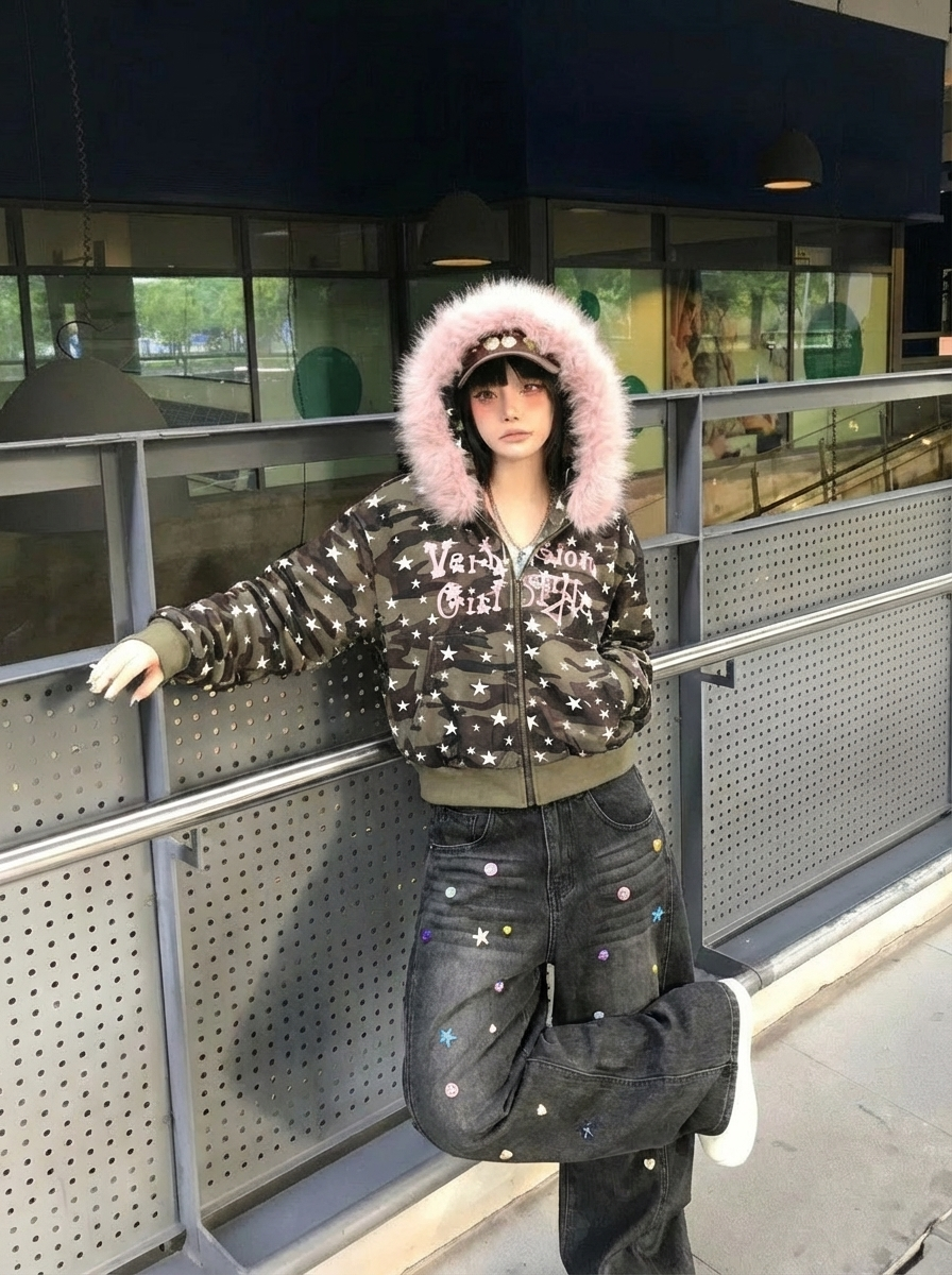 Vintage Streetwear Star Camo Hooded Sweatshirt