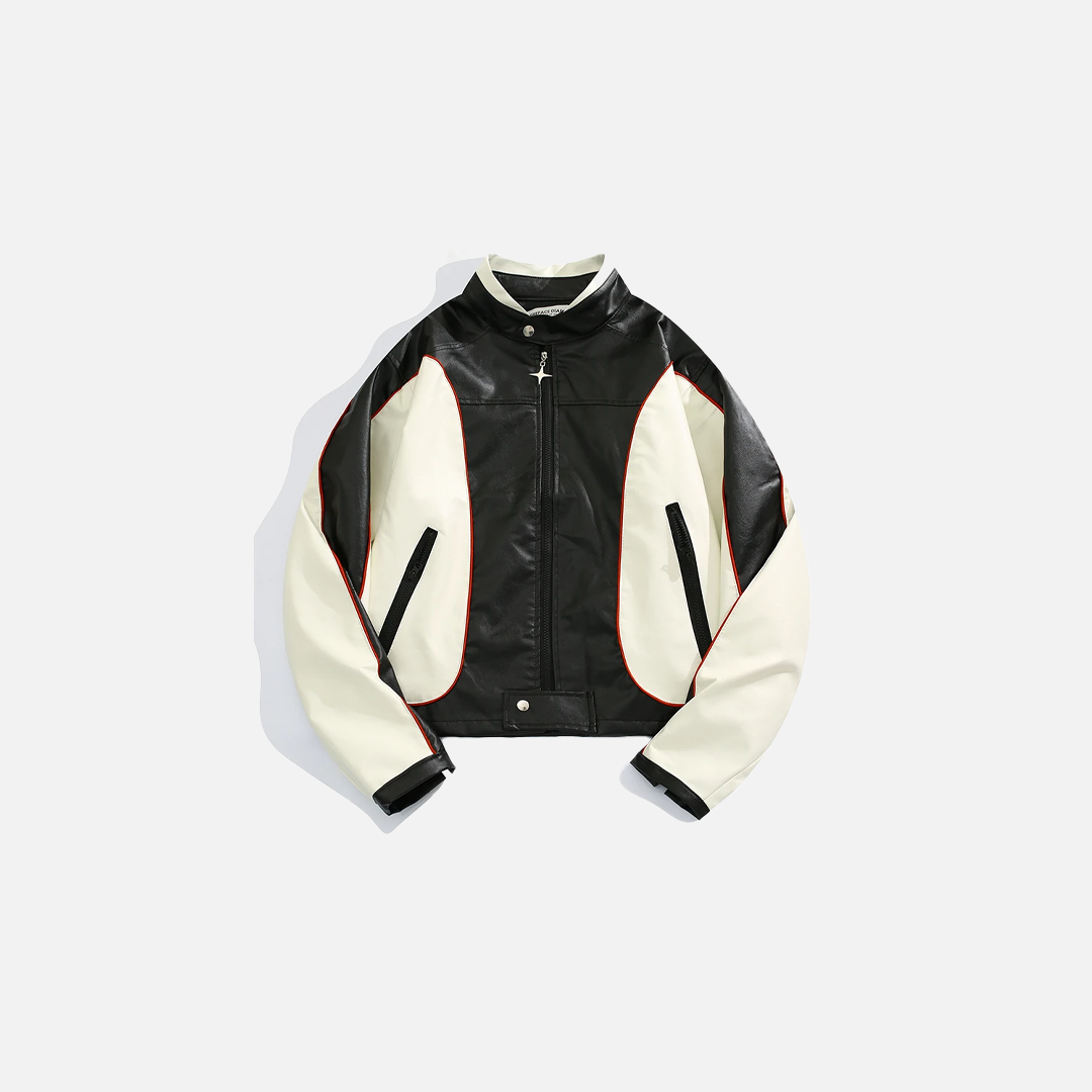 Stylish Contrast Color Spliced Motorcycle Leather Jacket