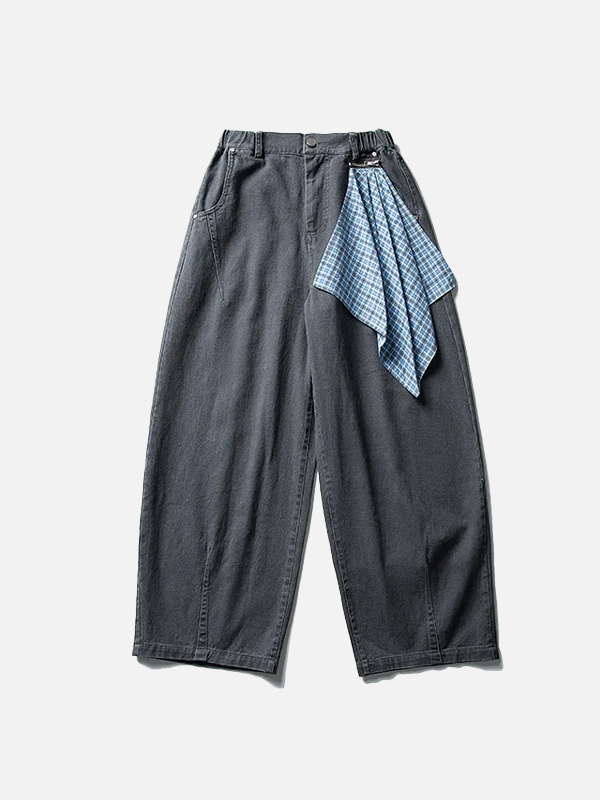 Plaid Decorative With Scarf Loose Wide Leg Jeans