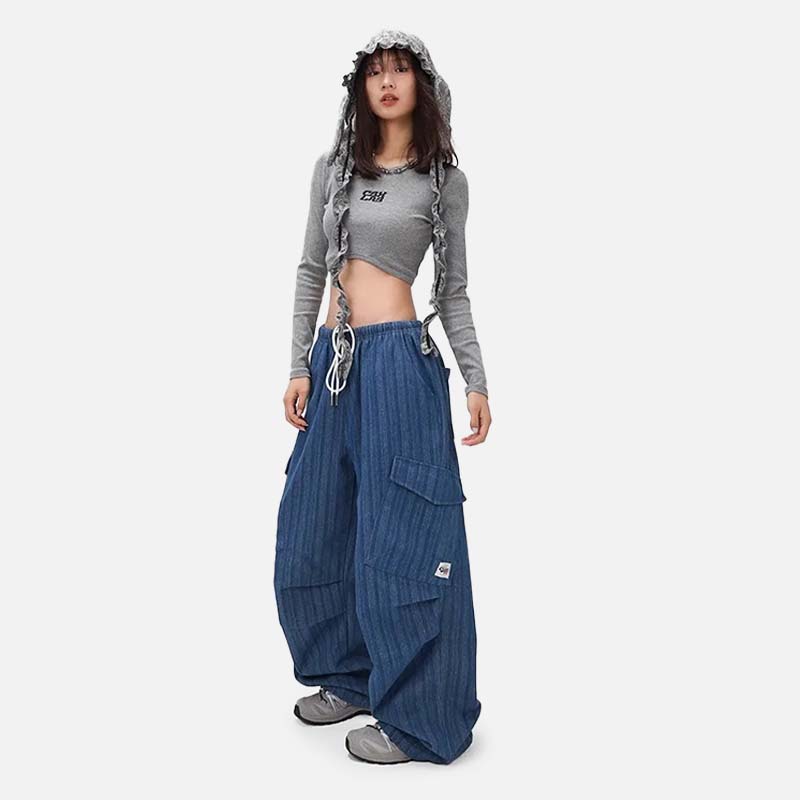 Deep Blue Vertical Stripe Denim Pants