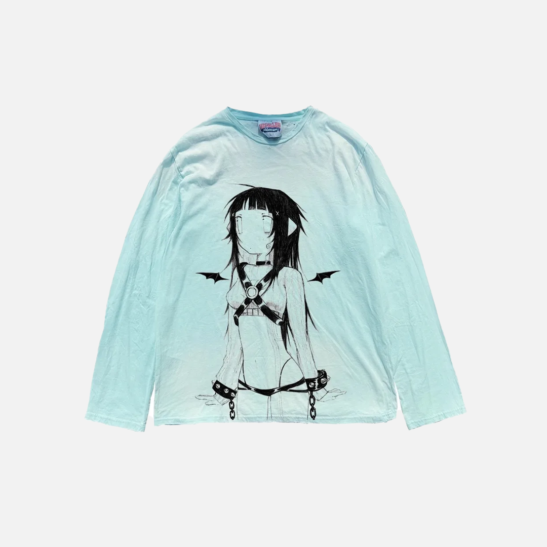 T-shirt à manches longues vintage délavé à motif dessin animé