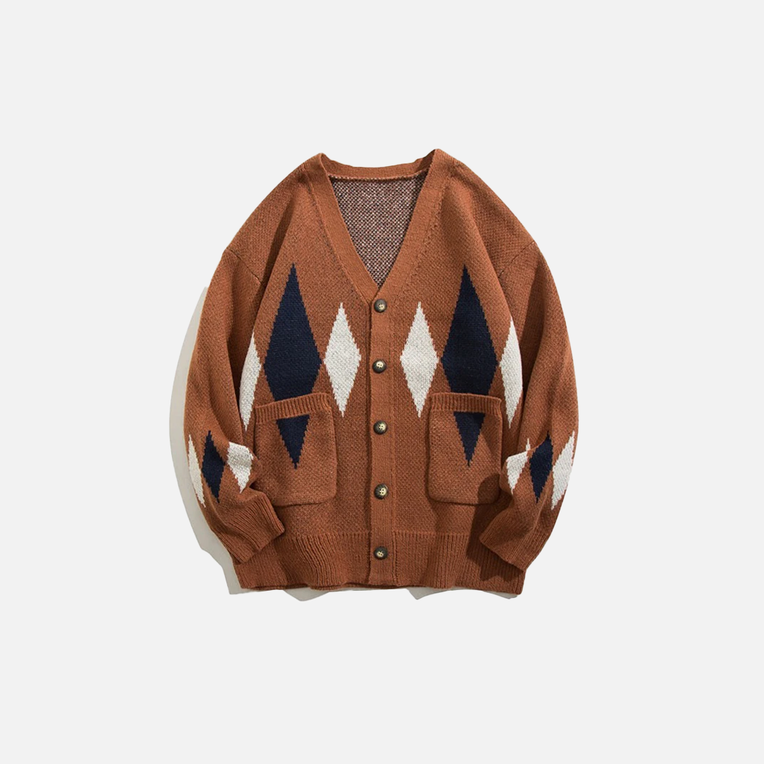 Colorful Grid Splicing V-Neck Classic Cardigan