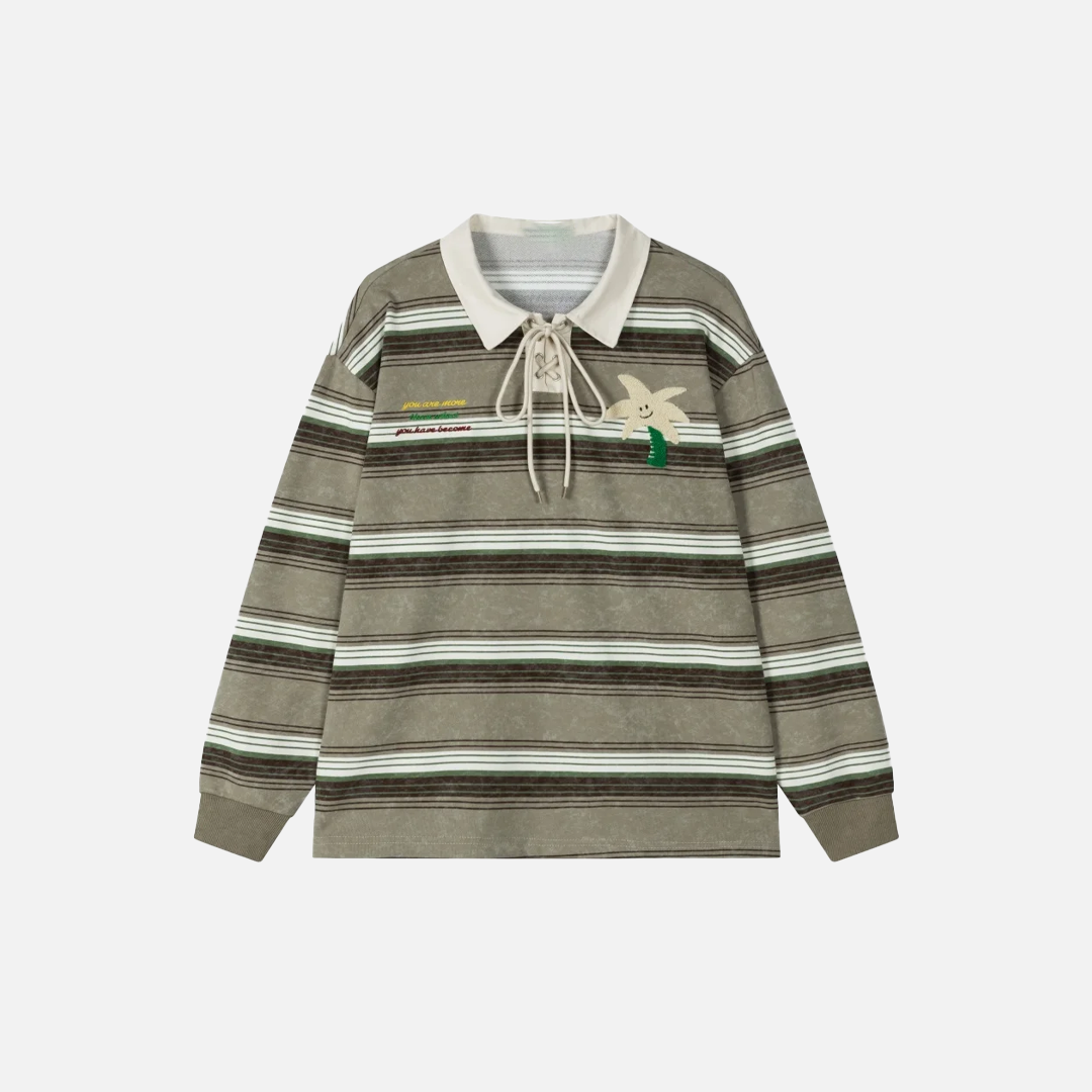 Gestreiftes Langarm-T-Shirt mit Kokosnussbaum-Stickerei