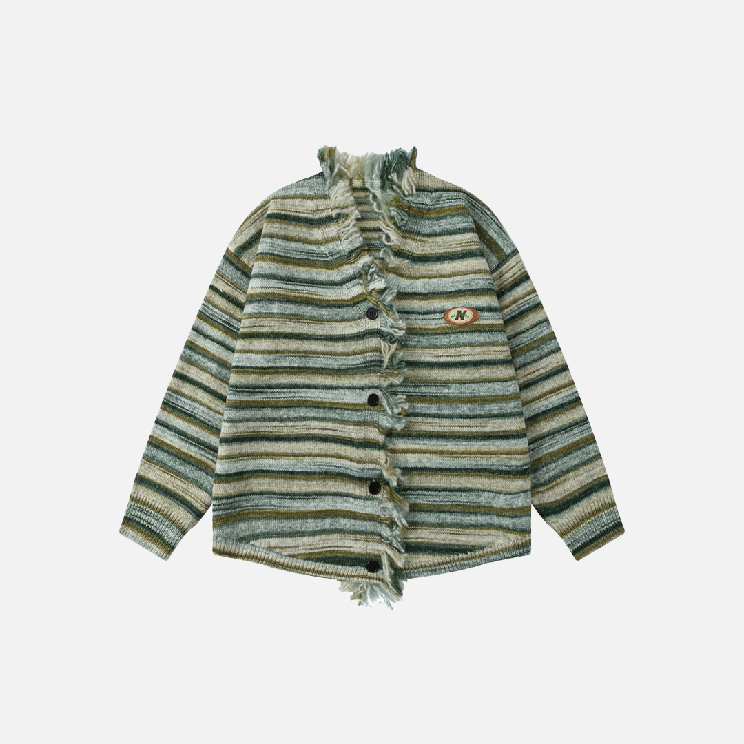 Cozy Striped Ripped Tassel V-Neck Cardigan