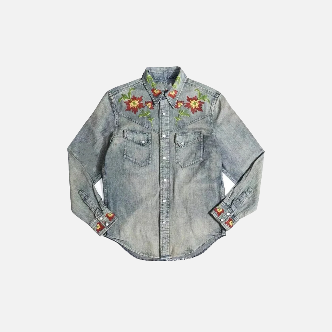 Langarmhemd aus gewaschenem, besticktem Denim mit Blumenmuster