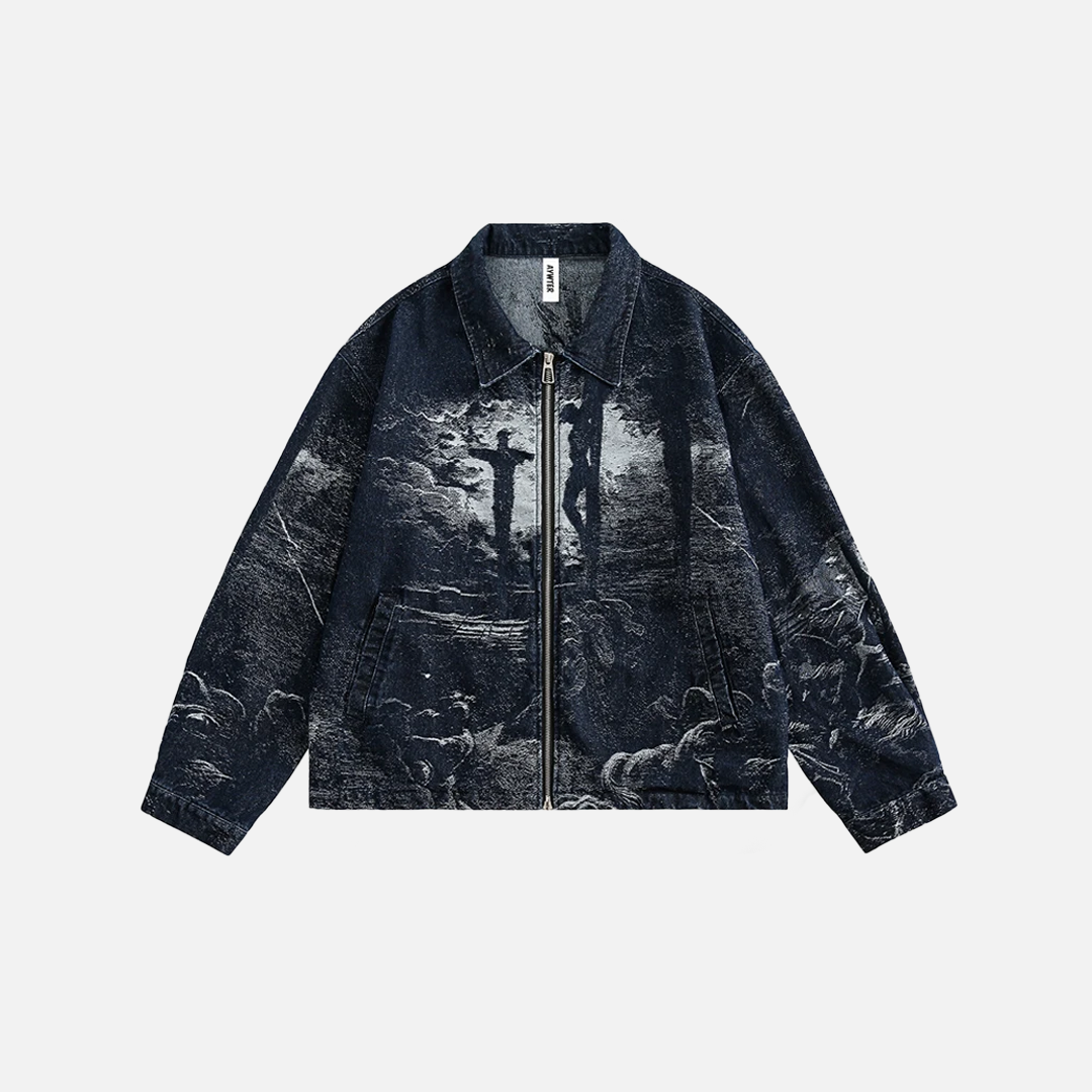 Dark Vintage Printed Denim Jacket Jeans