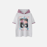 グラフィックプリント フード付き半袖ダメージTシャツ