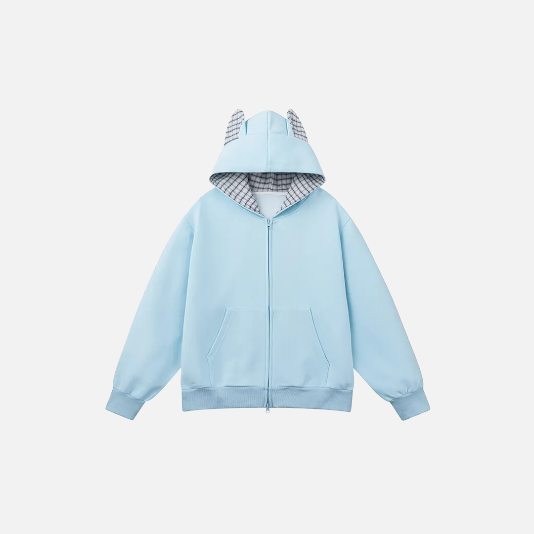 Streetwear Oversized Plaid Cat Ear Hooded Sweatshirt