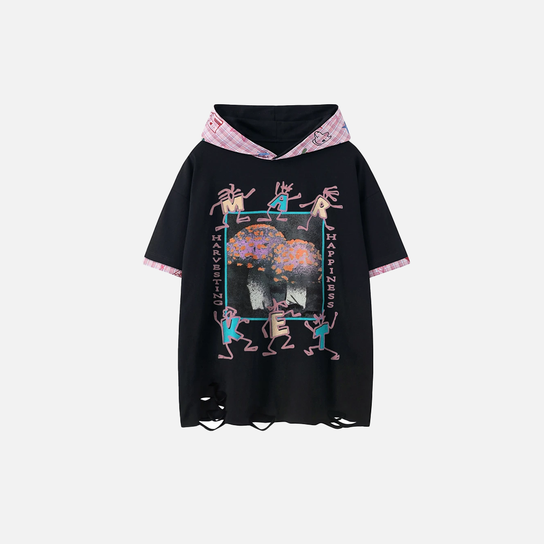 グラフィックプリント フード付き半袖ダメージTシャツ