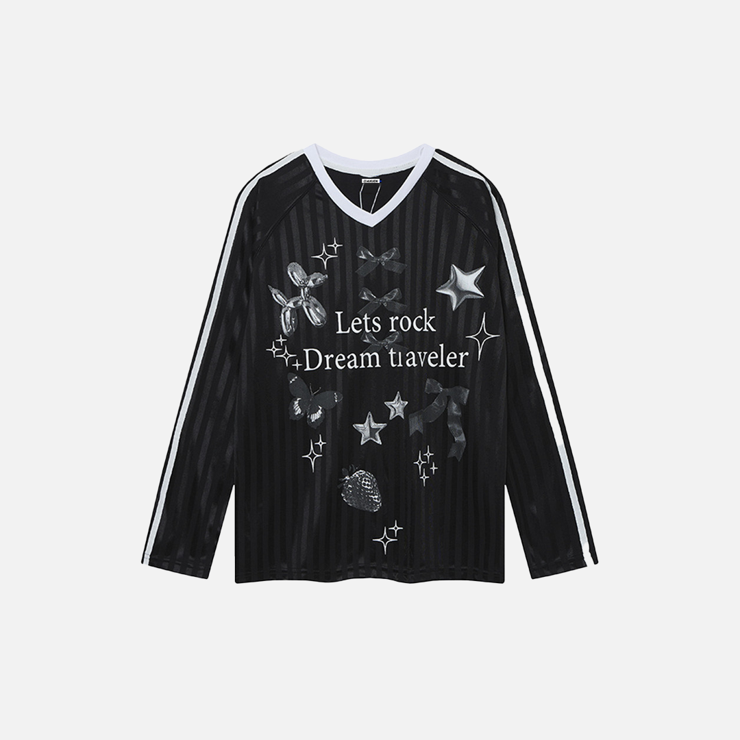 Y2K Butterfly Print V-Neck Long Sleeve T-Shirt